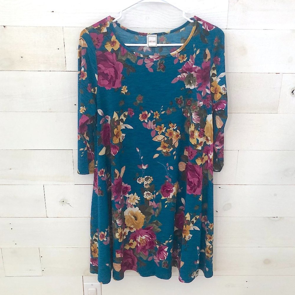 HERSHE Blue & Purple Floral Swing Dress Size MEDIUM 3/4 Sleeve